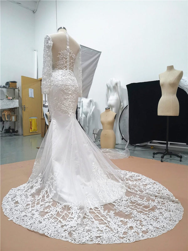 Modest Long Sleeves Lace Appliques Mermaid Wedding Dresses