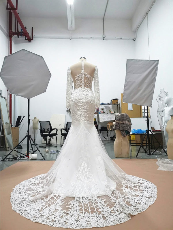 Modest Long Sleeves Lace Appliques Mermaid Wedding Dresses