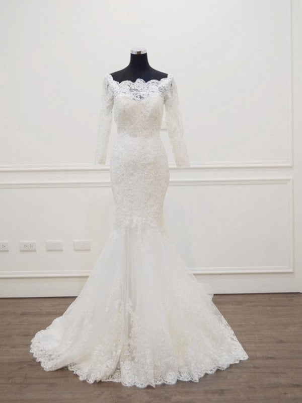 Modest Long Sleeves Sweep Train Lace Mermaid  Wedding Dresses