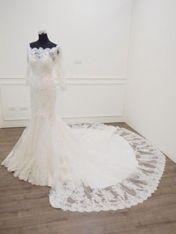 Modest Long Sleeves Sweep Train Lace Mermaid  Wedding Dresses