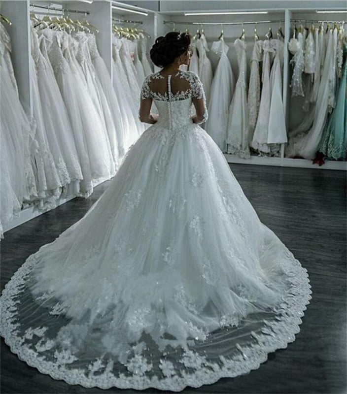 Modest Sheer Neck Long Sleeves Ball Gown Wedding Dresses