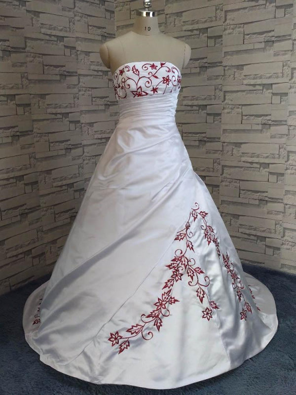 Modest Strapless Beading Sweep Train A-Line Wedding Dresses