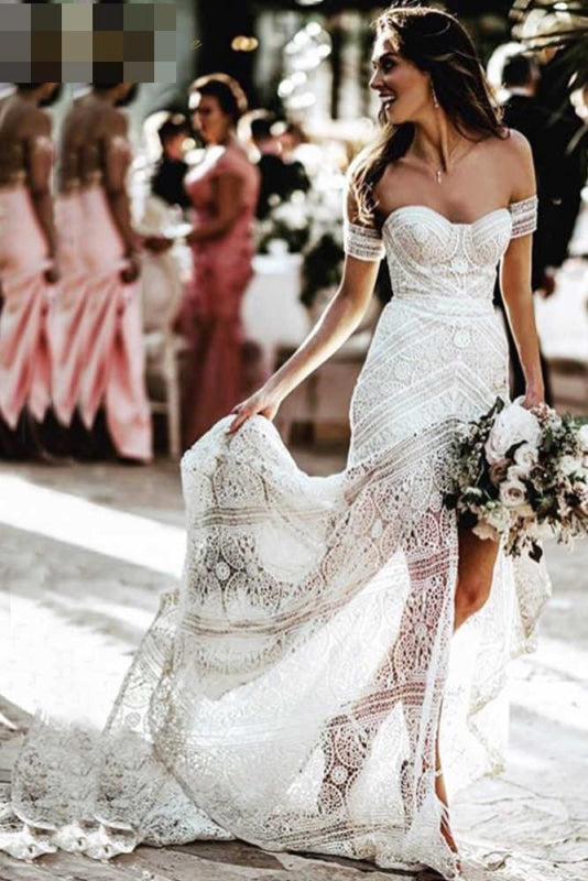 Modest Sweetheart Neck Lace Beach Sexy Boho Wedding Dress
