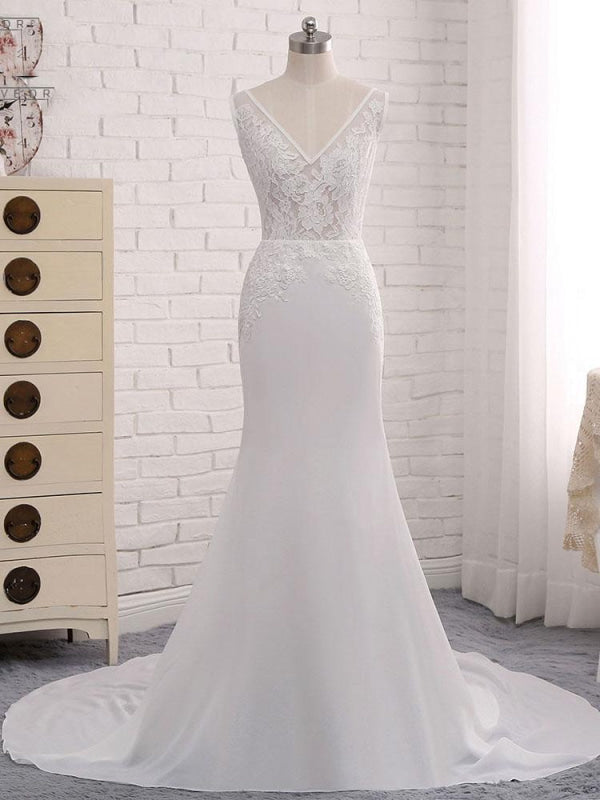 Modest V-Neck Lace Mermaid Wedding Dresses