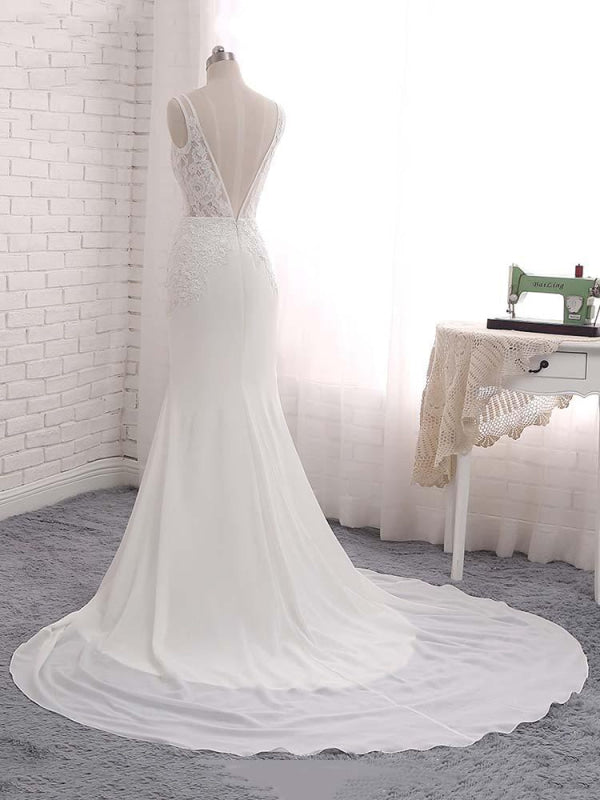 Modest V-Neck Lace Mermaid Wedding Dresses