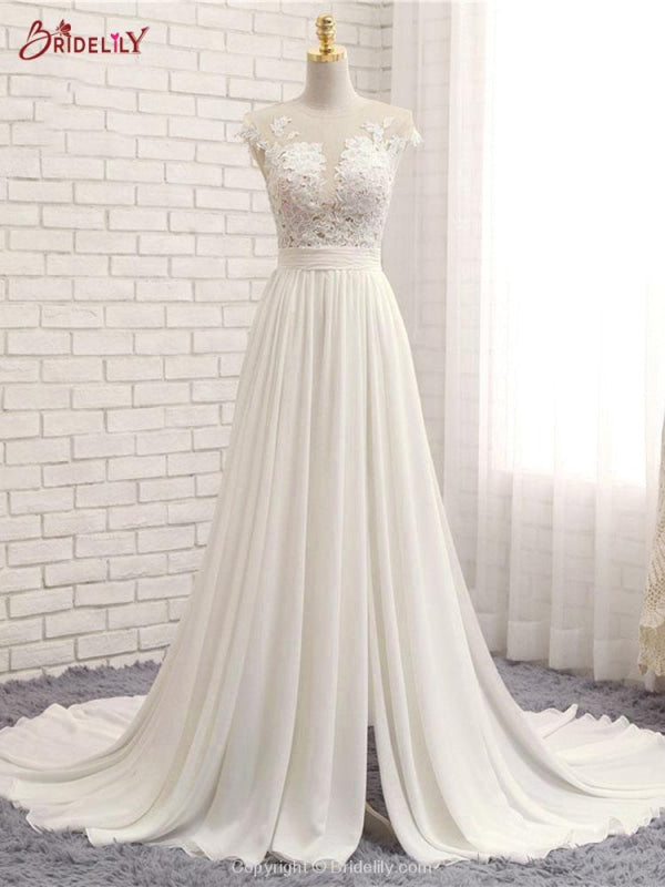 Modest V-neck Lace Split Covered Button Wedding Dresses