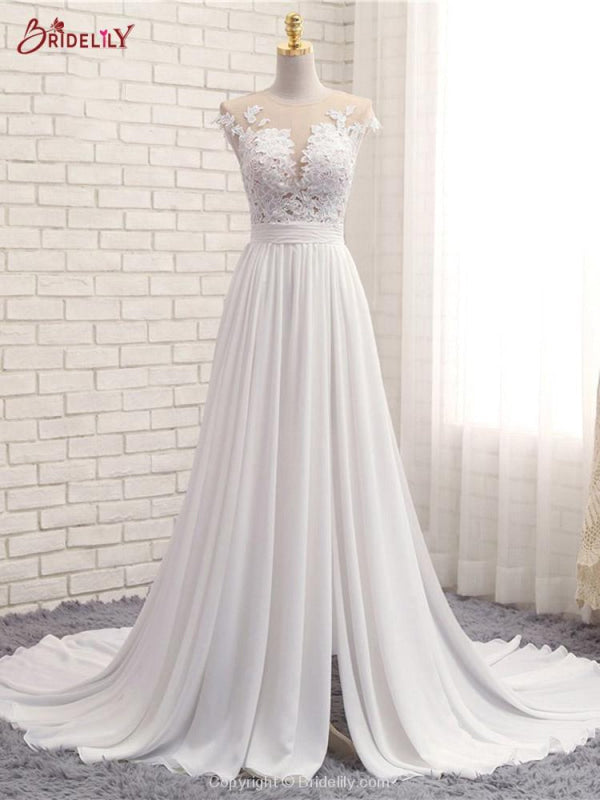 Modest V-neck Lace Split Covered Button Wedding Dresses