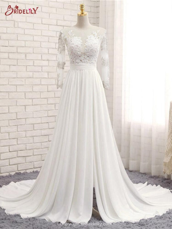 Modest V-neck Lace Split Covered Button Wedding Dresses