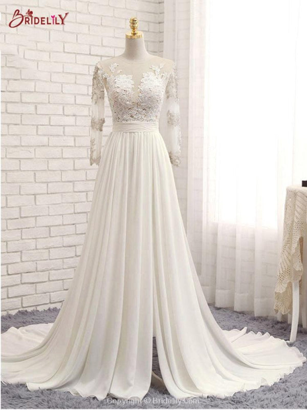 Modest V-neck Lace Split Covered Button Wedding Dresses