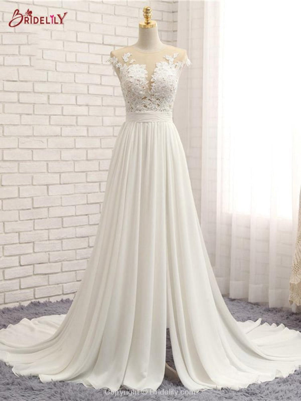 Modest V-neck Lace Split Covered Button Wedding Dresses