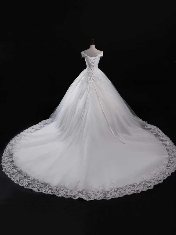 Modest V-Neck Lace-Up Ball Gown Tulle Wedding Dresses