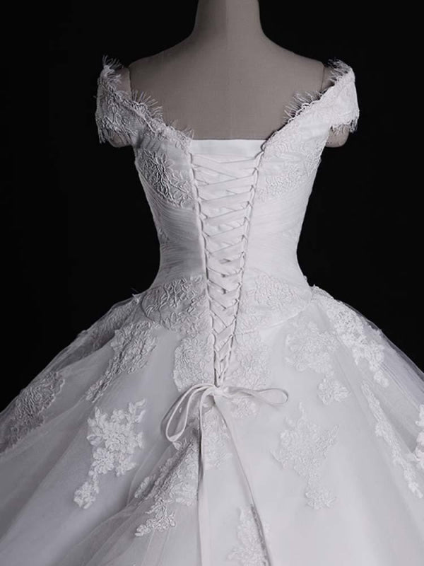 Modest V-Neck Lace-Up Ball Gown Tulle Wedding Dresses