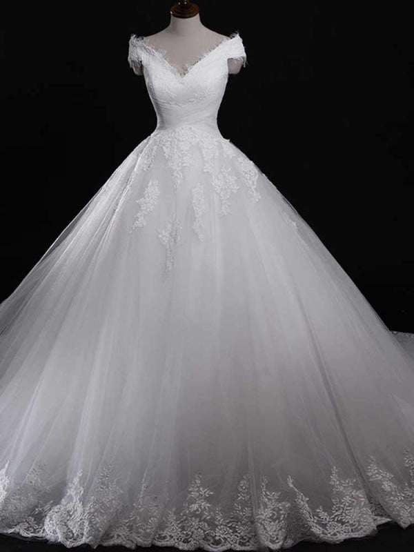 Modest V-Neck Lace-Up Ball Gown Tulle Wedding Dresses