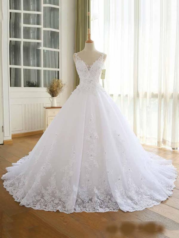Modest V-Neck Lace-Up Aline Wedding Dresses Sleeveless