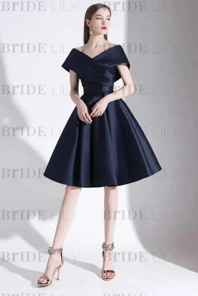 Off-the-Shoulder Knee-Length Evening Dress A-Line V-Neck Pleated Satin Cocktail Dress Little Black Dress
