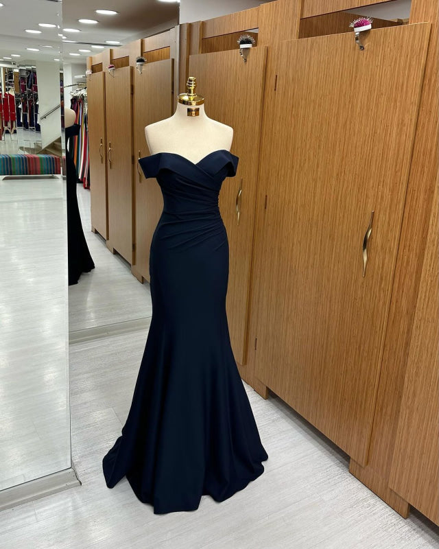 Navy Blue Off-the-Shoulder Mermaid Prom Dress Sweetheart Sleeveless