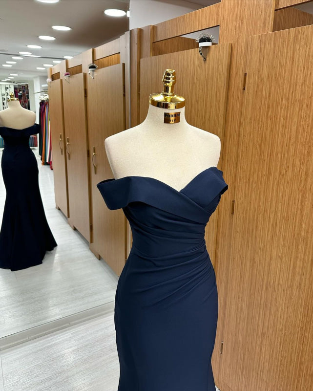 Navy Blue Off-the-Shoulder Mermaid Prom Dress Sweetheart Sleeveless