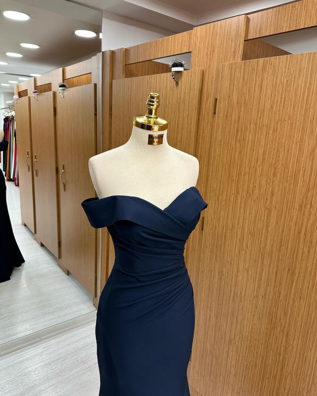 Navy Blue Off-the-Shoulder Mermaid Prom Dress Sweetheart Sleeveless
