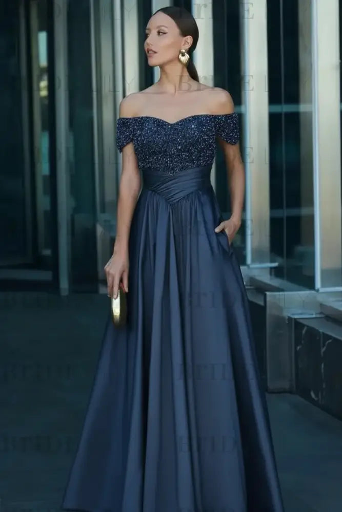 Off-the-Shoulder Dark Green Satin Aline Formal Dress with Beadings