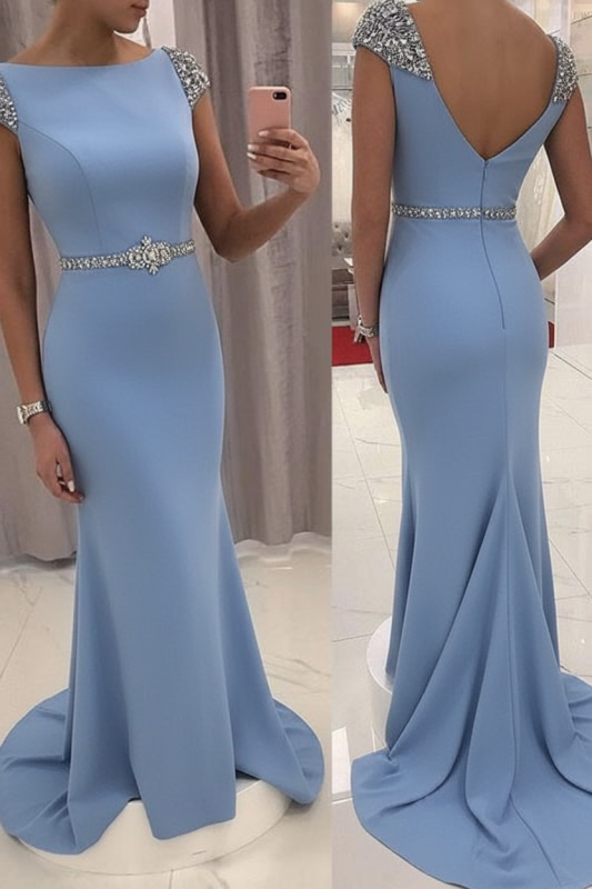 Navy Blue Sequined Fitted Cap Sleeve Mermaid Prom Dress Formal Gown