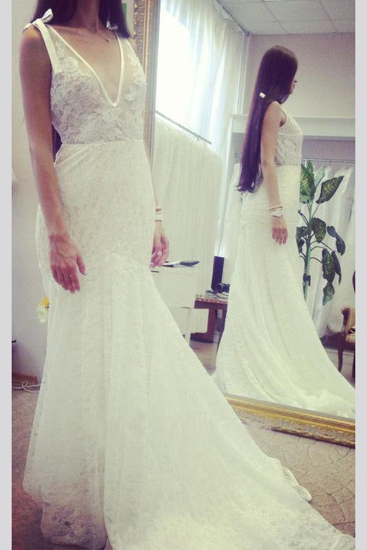 Neck Sleeveless Mermaid Gown With Deep V Back Long Lace Wedding Dress