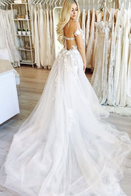 New Chapel Train Appliques Tulle Wedding Dress