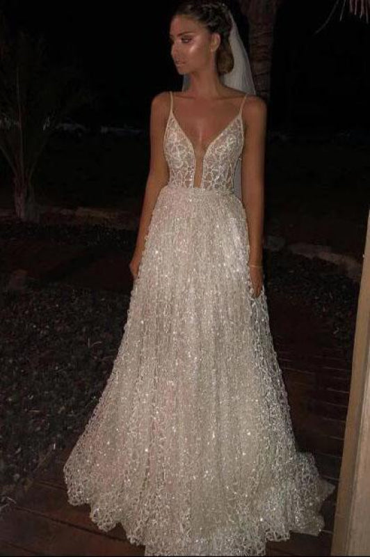 Deep V Neck Sequined Wedding Dresses  A Line with Spaghetti Straps