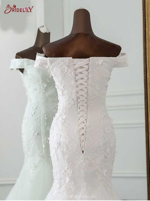 Off-the-Shoulder Flower Lace Mermaid Ruffles Wedding Dresses