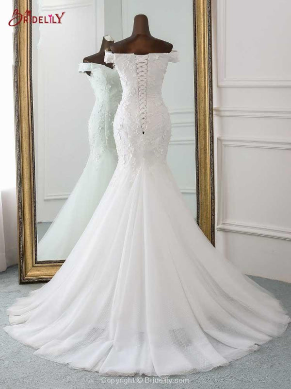 Off-the-Shoulder Flower Lace Mermaid Ruffles Wedding Dresses