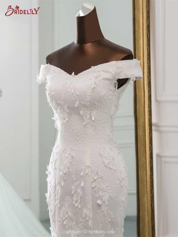 Off-the-Shoulder Flower Lace Mermaid Ruffles Wedding Dresses
