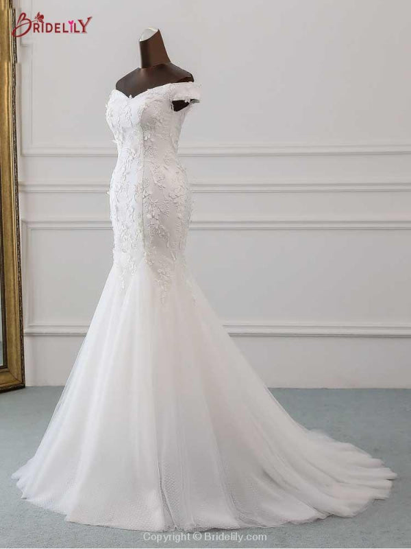 Off-the-Shoulder Flower Lace Mermaid Ruffles Wedding Dresses