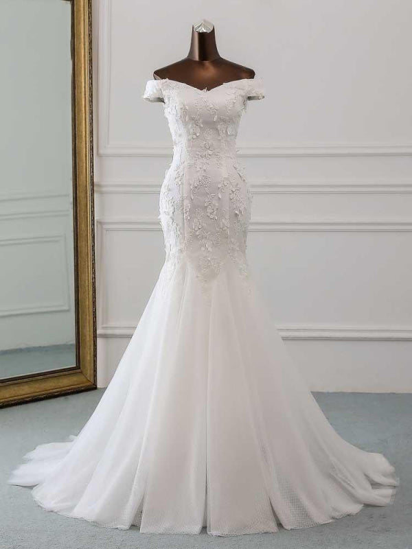 Off-the-Shoulder Flower Lace Mermaid Ruffles Wedding Dresses