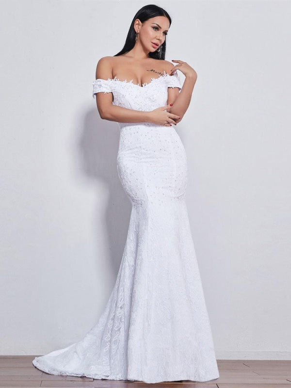 Off-the-Shoulder Beaded Mermaid Wedding Dresses