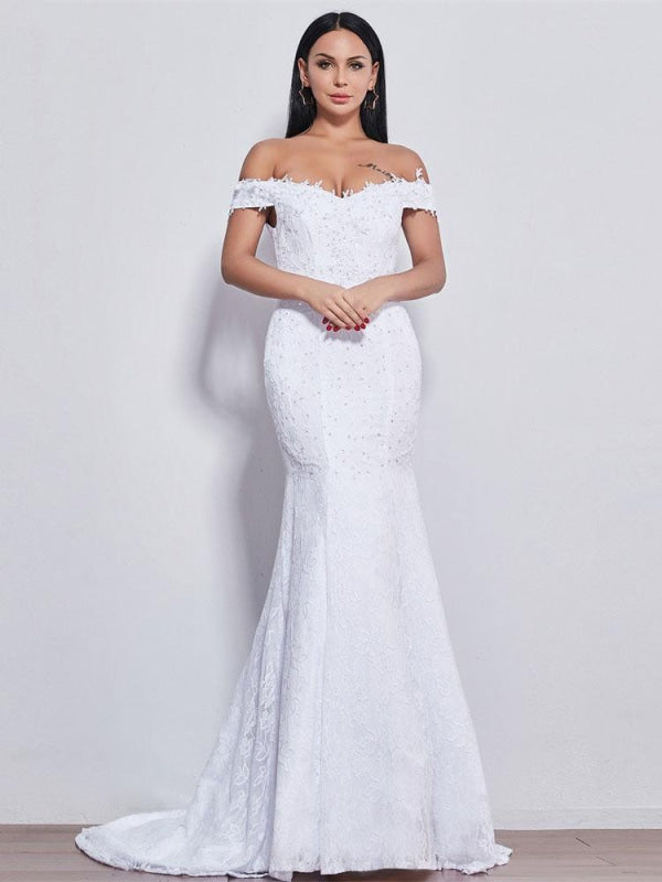 Off-the-Shoulder Beaded Mermaid Wedding Dresses
