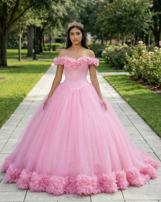 Off The Shoulder Flowers Tulle Ball Gown Pink Quinceanera Dresses