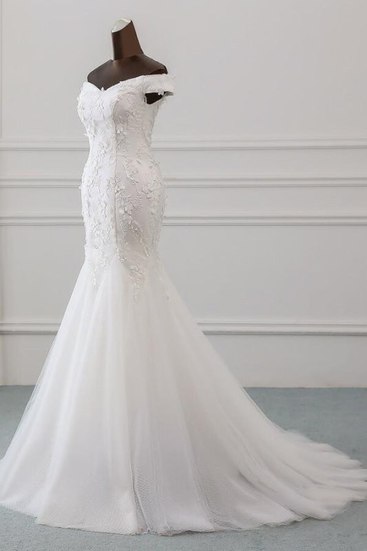 Off Shoulder Lace-up Applique Mermaid Wedding Dress
