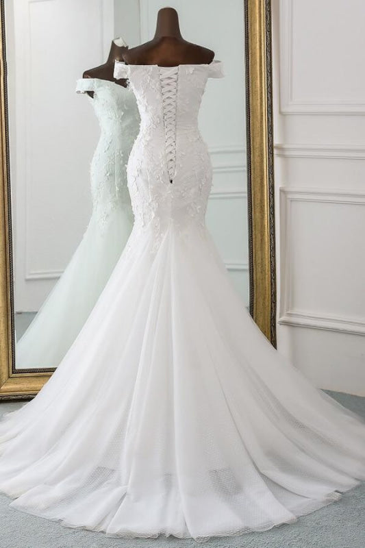 Off Shoulder Lace-up Applique Mermaid Wedding Dress
