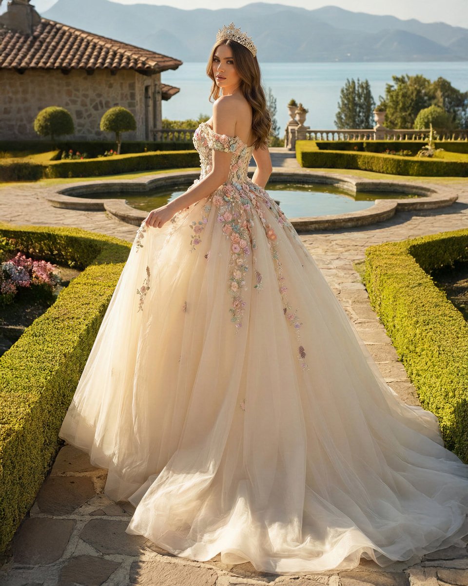 Off Shoulder Long Champagne Lace Champagne Quinceanera Dresses