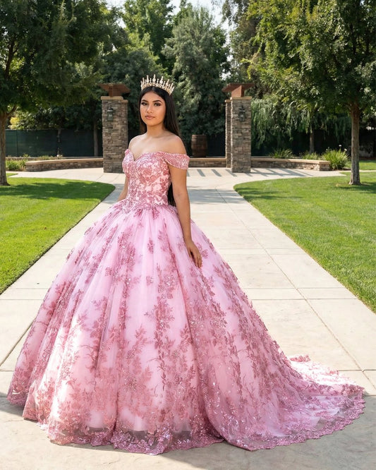 Off The Shoulder Neckline Sparkly Quinceanera Dresses With Appliques