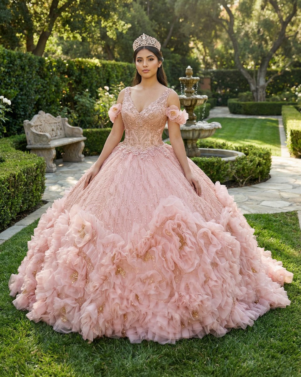 Blush Pink V Neckline Tulle Flower Quinceanera Dresses
