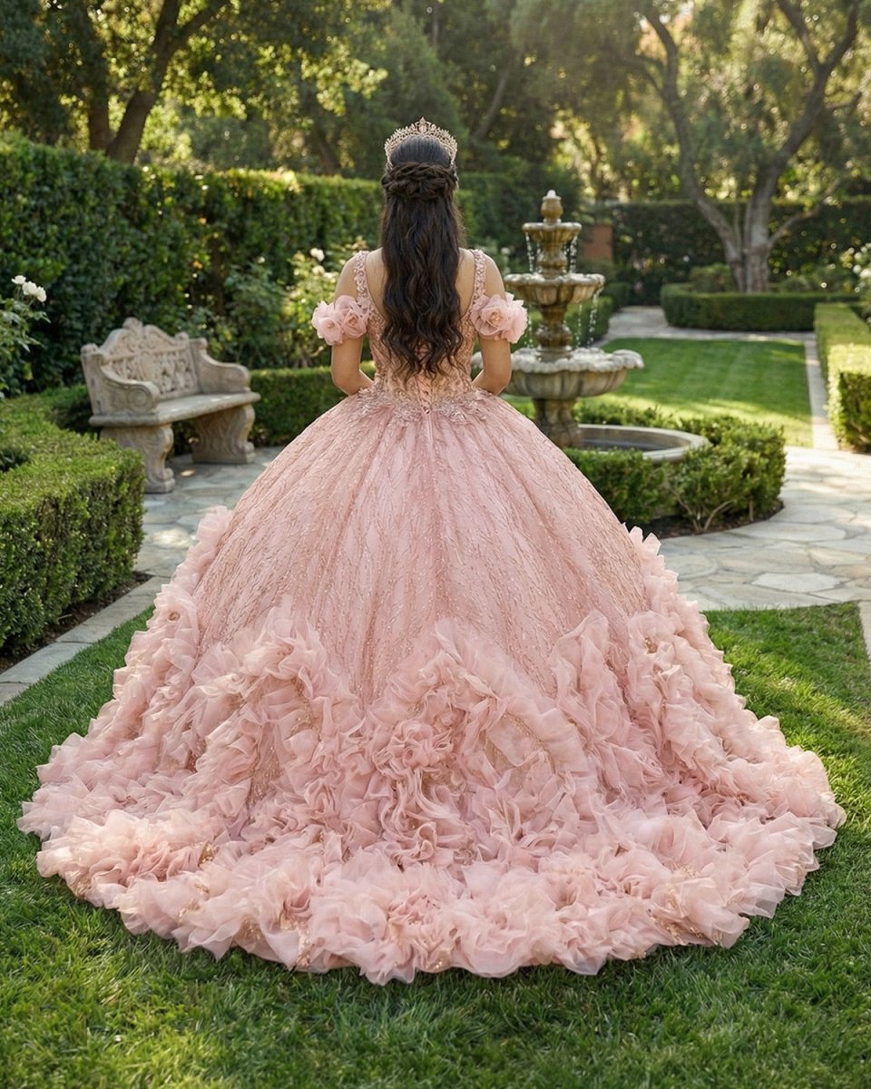 Blush Pink V Neckline Tulle Flower Quinceanera Dresses