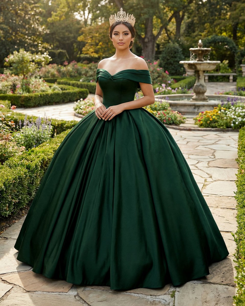 Off the Shoulder Ball Gown Dark Green Satin Quinceanera Dresses