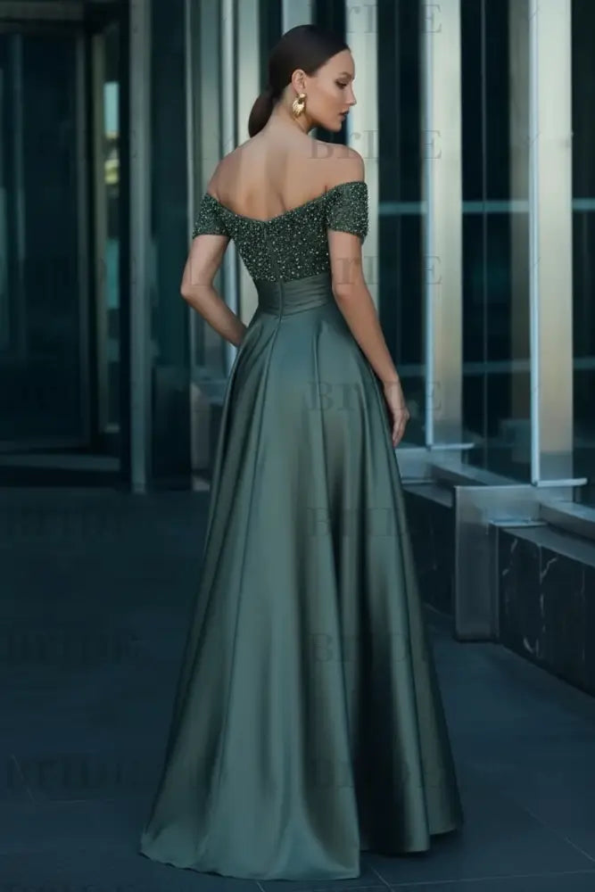 Off-the-Shoulder Dark Green Satin Aline Formal Dress with Beadings