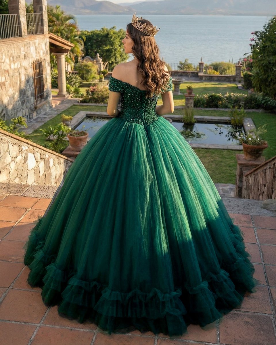Off The Shoulder Green Ball Gown Quinceanera Dresses with Train