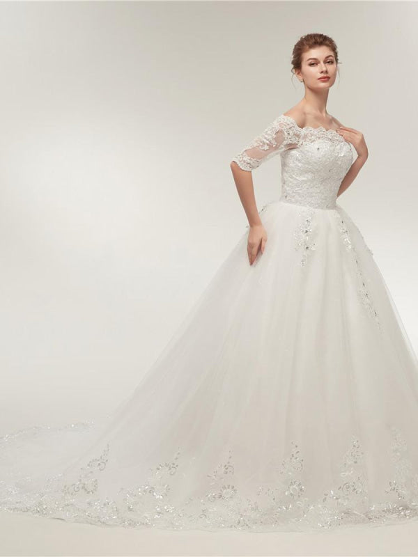 Off-the-Shoulder Half Sleeves Lace Ball Gown Wedding Dresses