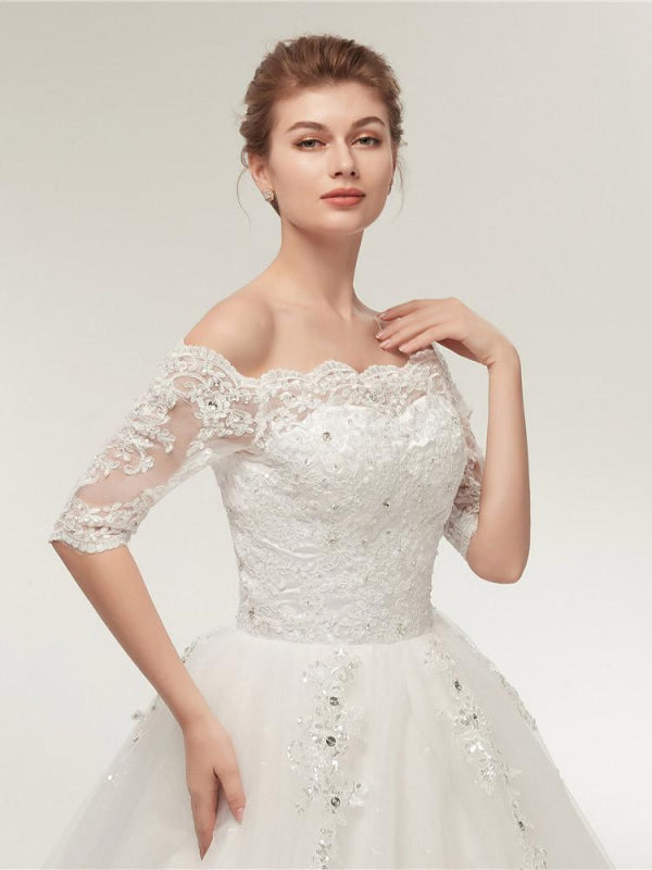 Off-the-Shoulder Half Sleeves Lace Ball Gown Wedding Dresses