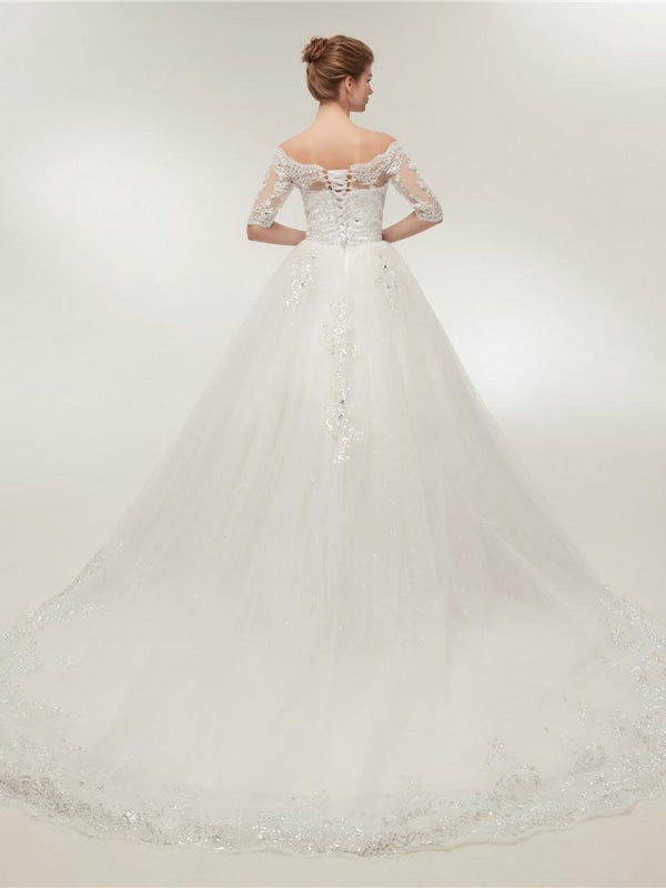 Off-the-Shoulder Half Sleeves Lace Ball Gown Wedding Dresses