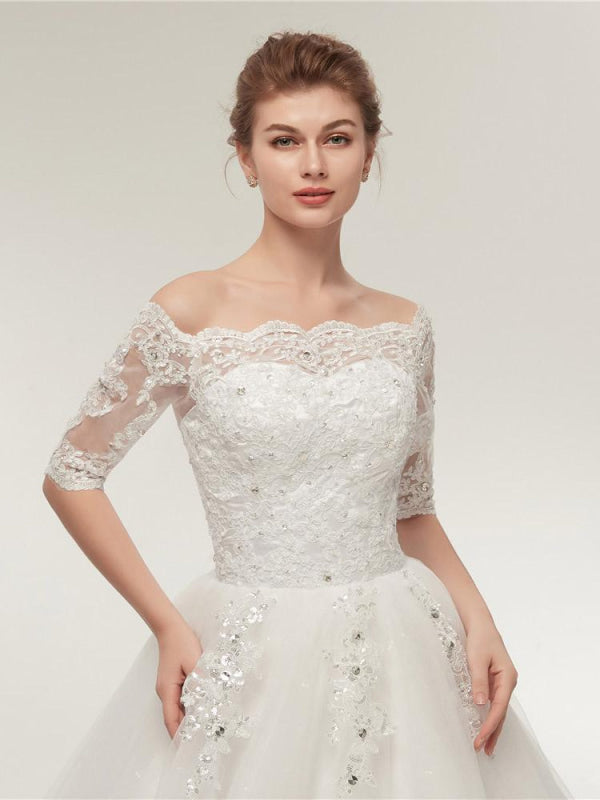 Off-the-Shoulder Half Sleeves Lace Ball Gown Wedding Dresses