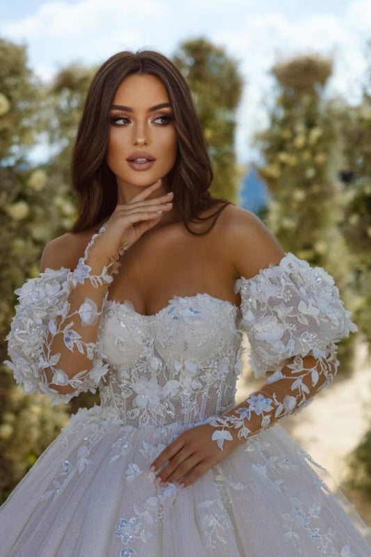Off-the-Shoulder Ivory Lace Wedding Dress Aline Bridal Gown