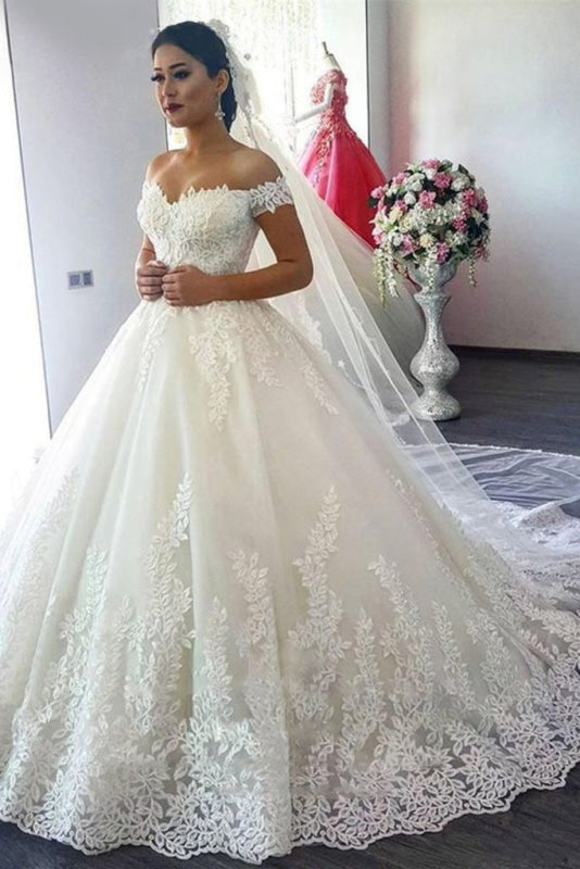 Off The Shoulder Ivory Tulle Applique Sweep Train Wedding Dress